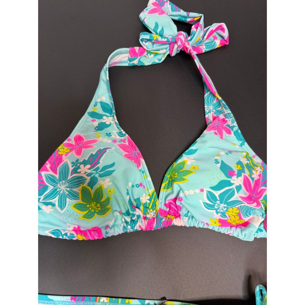 Ingear Women's Size M Aqua Floral Halter Two-Piece Bikini Set Tie Side Swimwear - Picture 6 of 7
